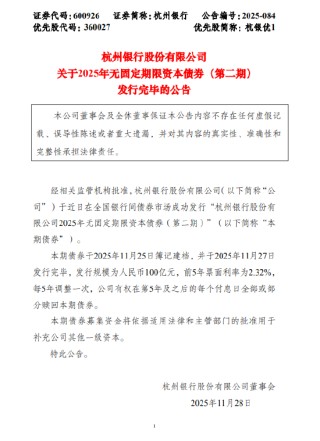杭州银行：100亿无固定期限资本债券发行完毕