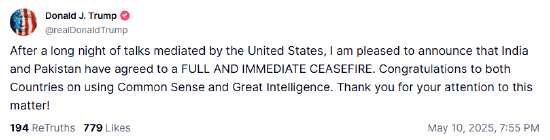 特朗普：印度和巴基斯坦已经同意立即全面停火  第1张